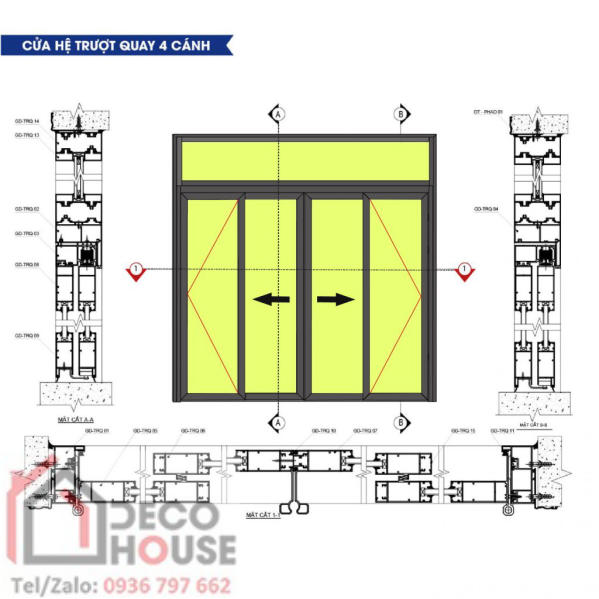 Cấu tạo cửa nhôm trượt quay 4 cánh