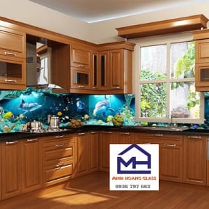 Kính ốp bếp 3D hình cá heo - Mẫu kính ốp bếp 3D đẹp